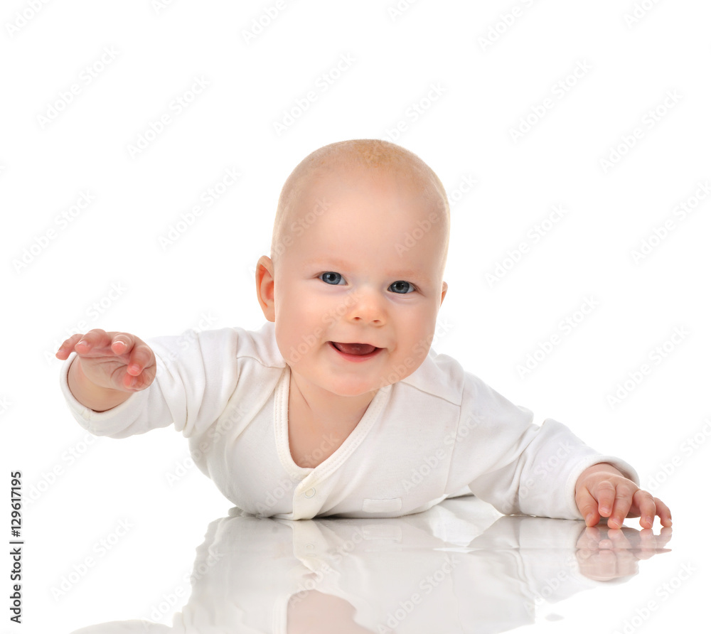 Four month Infant child baby girl in diaper lying happy smiling Four month Infant child baby girl in diaper lying happy smiling