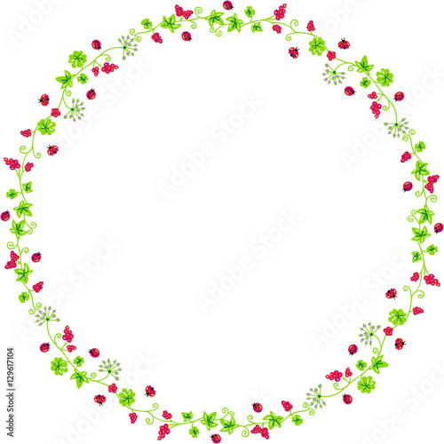 Decorative circle frame with branches and ladybirds 