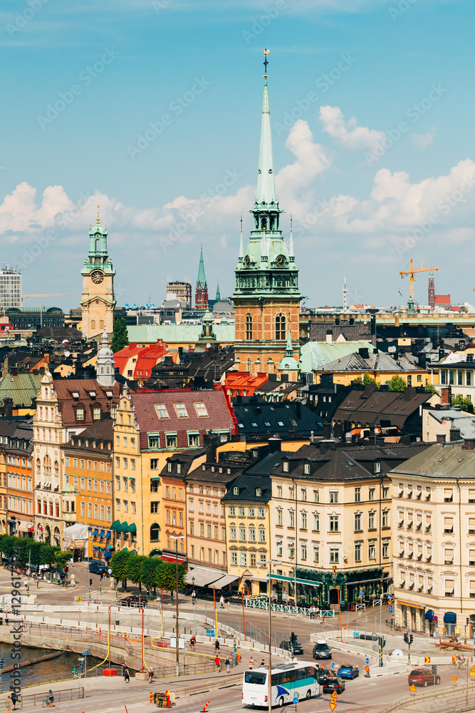 Stockholm Sweden. Scenic Top View Of Cityscape. Tall Steeple Of The German Church Or St. Gertrude's