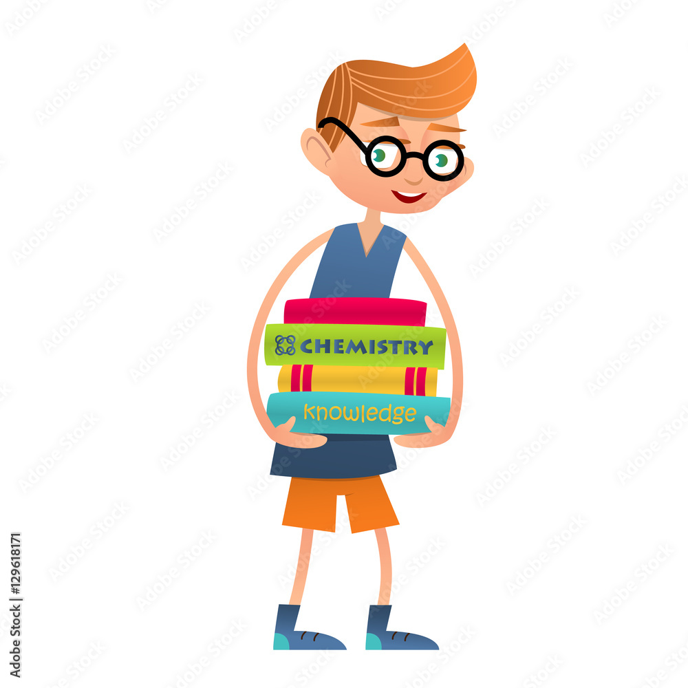 Funny boy with glasses holding a large stack of books Funny boy with glasses holding a large stack of books
