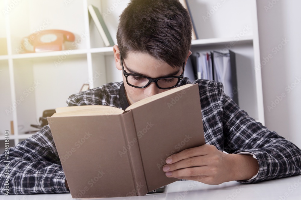 Obraz premium child at home with the book studying or reading