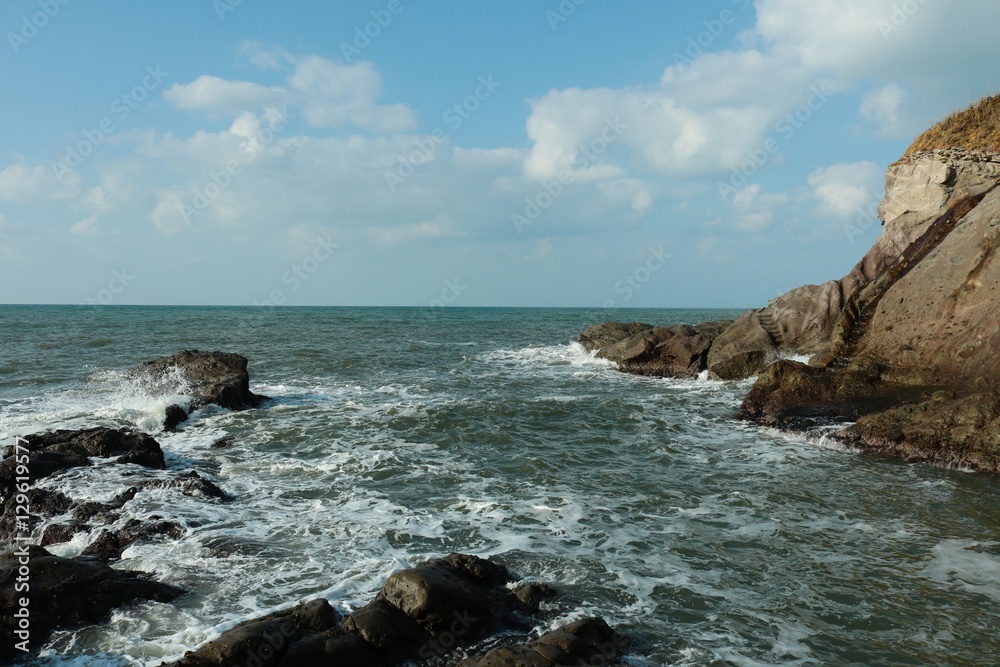 海岸/打ち寄せる波が激しい岩場の海岸