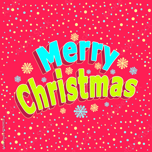 Merry Christmas inscription with 3d effect  and  with confetti in cartoon  style  on red 