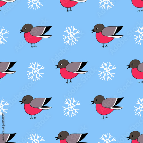 Hand drawn bullfinch and snowflake blue funny seamless pattern