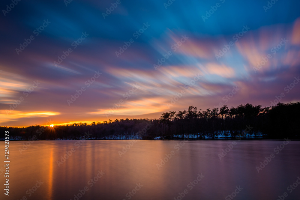 Long exposure of Prettyboy Reservoir at sunset, in Baltimore Cou
