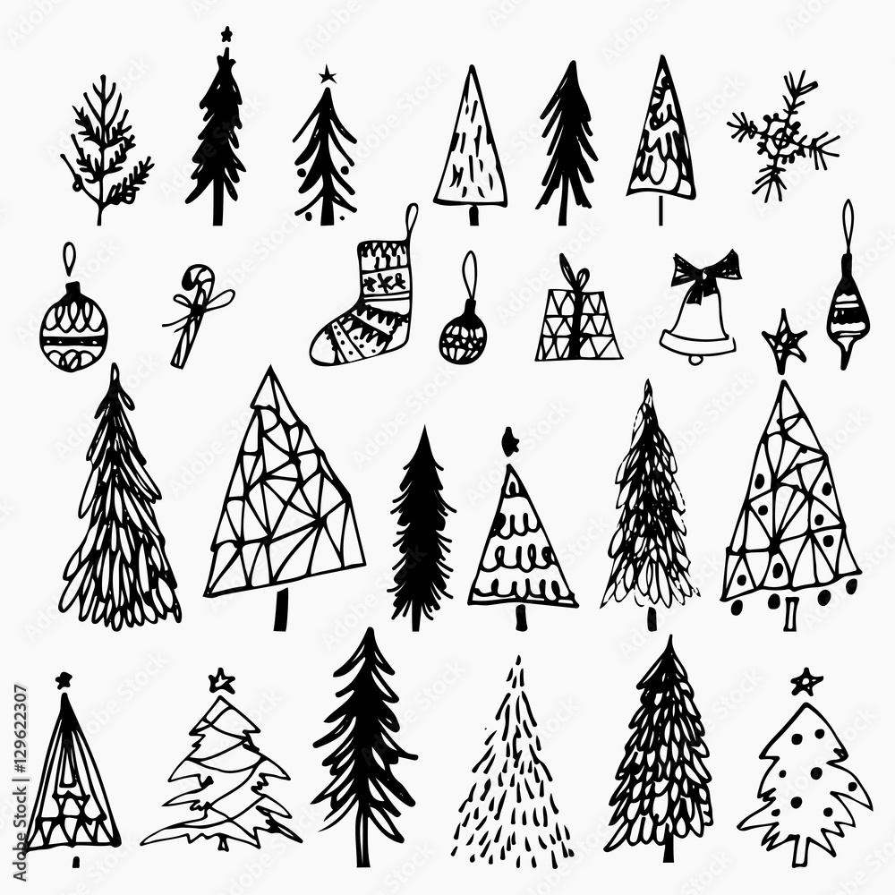 Set of hand drawn christmas tree, bell, gift, candy,balls on white background. Holiday decoration isolated elements. Vector illustration. Use for Greeting Scrapbooking, Congratulations, Invitations