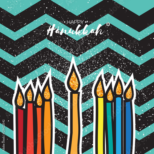 Hanukkah menorah, candles and glitter David star on zigzag background.