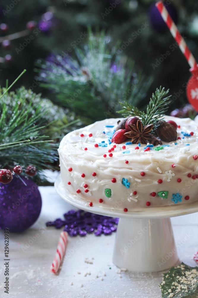 Homemade White Christmas cake with vanilla frosting and holiday sprinkles, selective focus