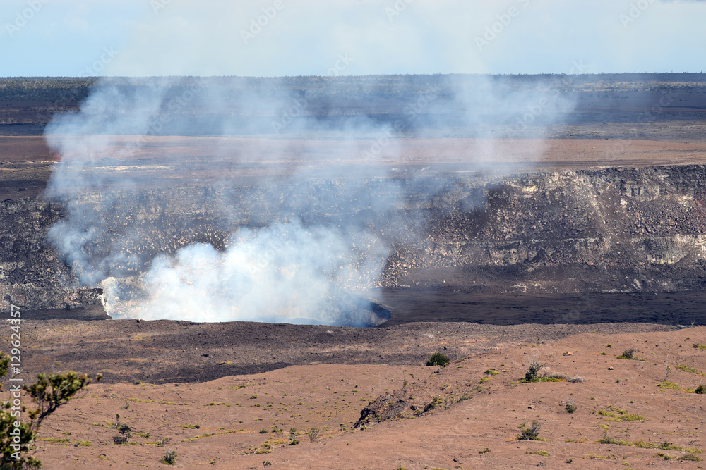 Sulfur fumes raising from the Kilauea Caldera seen from the Jaggar Museum overlook at the Hawaii Volcanoes National