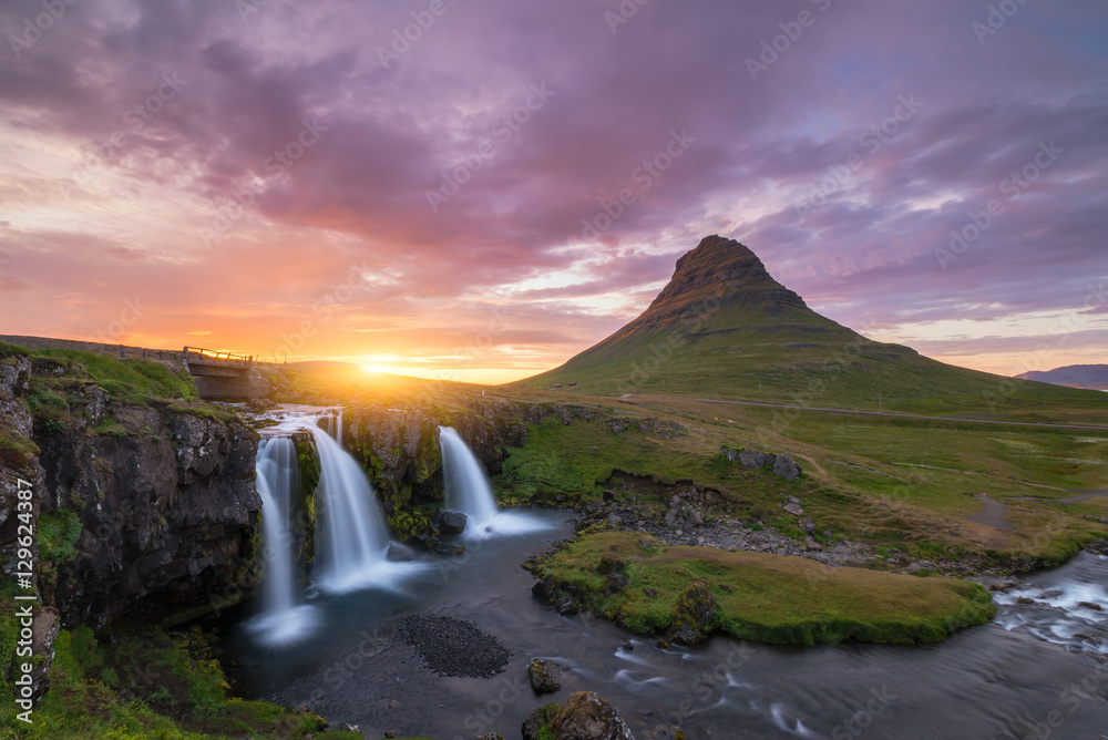 Kirkjufellsfoss sunset a waterfall in Iceland Kirkjufellsfoss sunset a waterfall in Iceland