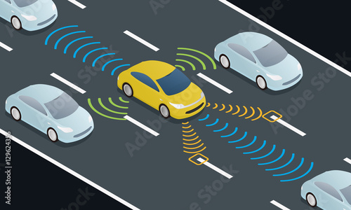 autonomous car driving on road and sensing systems, driverless car, self-driving vehicle