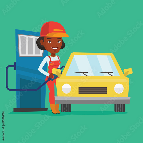Worker filling up fuel into car.