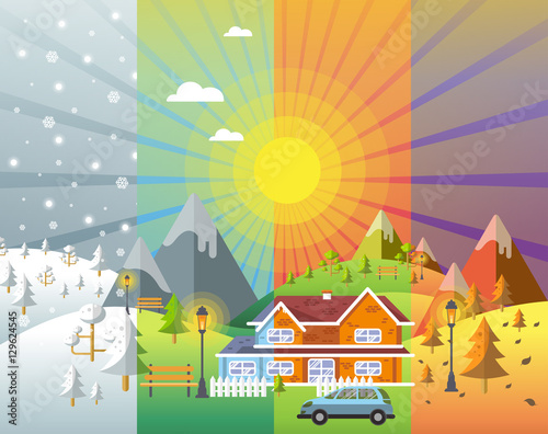 landscape design set with Winter, Spring, Summer, Autumn. houses