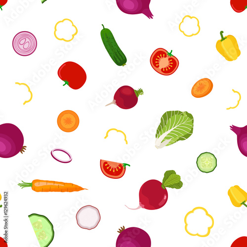 Whole, slices vegetables seamless pattern in flat style. Vegetar