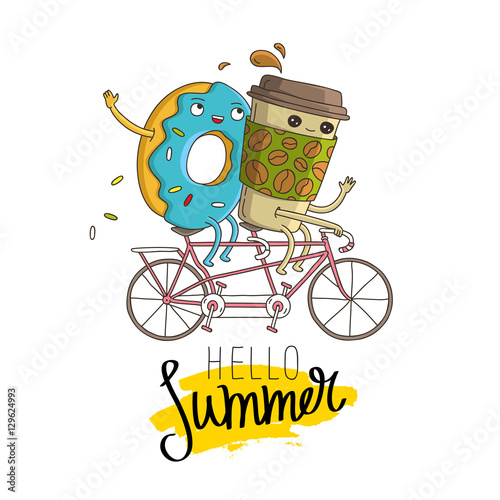 Donut and cup of coffee riding on a bike