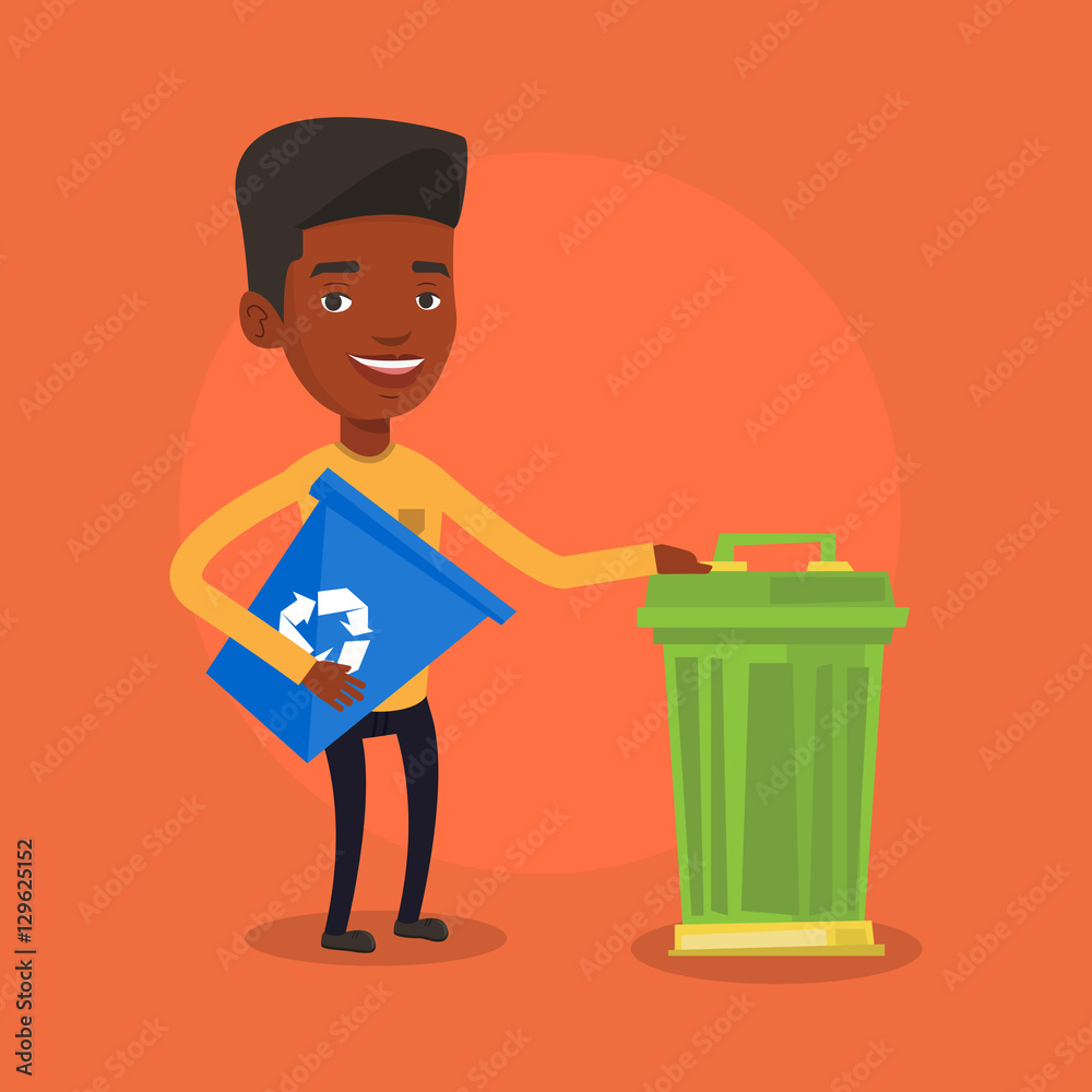 Man with recycle bin and trash can.