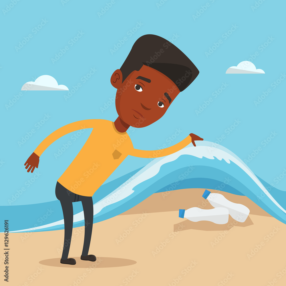Man showing plastic bottles under sea wave. Man showing plastic bottles under sea wave.