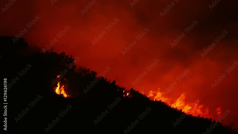 A bushfire burning orange and red at night A bushfire burning orange and red at night
