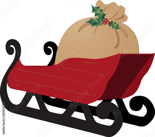 Vintage red wooden Christmas sleigh carrying large Santa sack full of toys, vector illustration