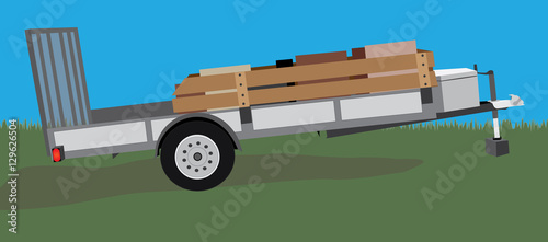 Stationary equipment or utility trailer vector illustration with cargo inside on a colorful outdoor background