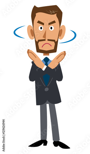 スーツを着用し髭を蓄えた褐色の男性が拒否する
