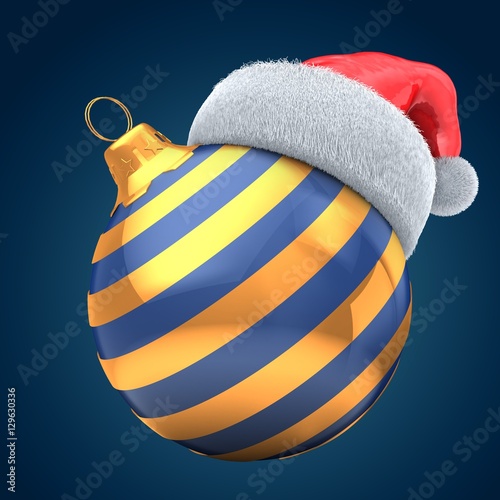 3d illustration of Christmas ball dark blue over dark blue background with diagonal lines and Christmas hat