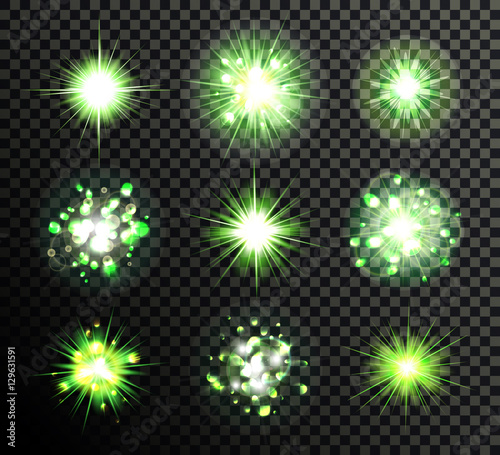 Glowing stars, lights, sparkles bursts, lens flare. Isolated on black transparent background. Elements for design. Green, white. Vector illustration, eps 10.