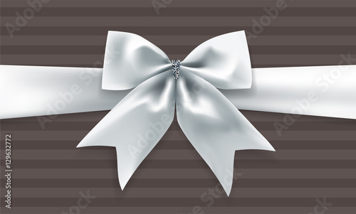 Beautiful silvet bow with ribbon and transparent shadow on brown striped background Vector illustration decorative element