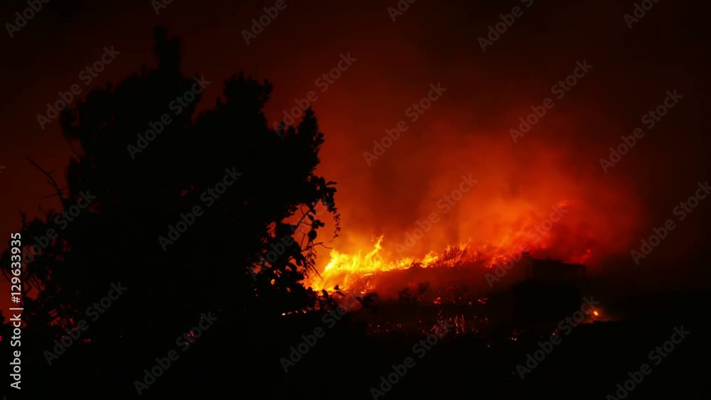 Huge bush fire at a mountain at night, 4k