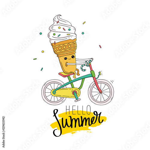 Ice cream in a waffle cup rides a bicycle.