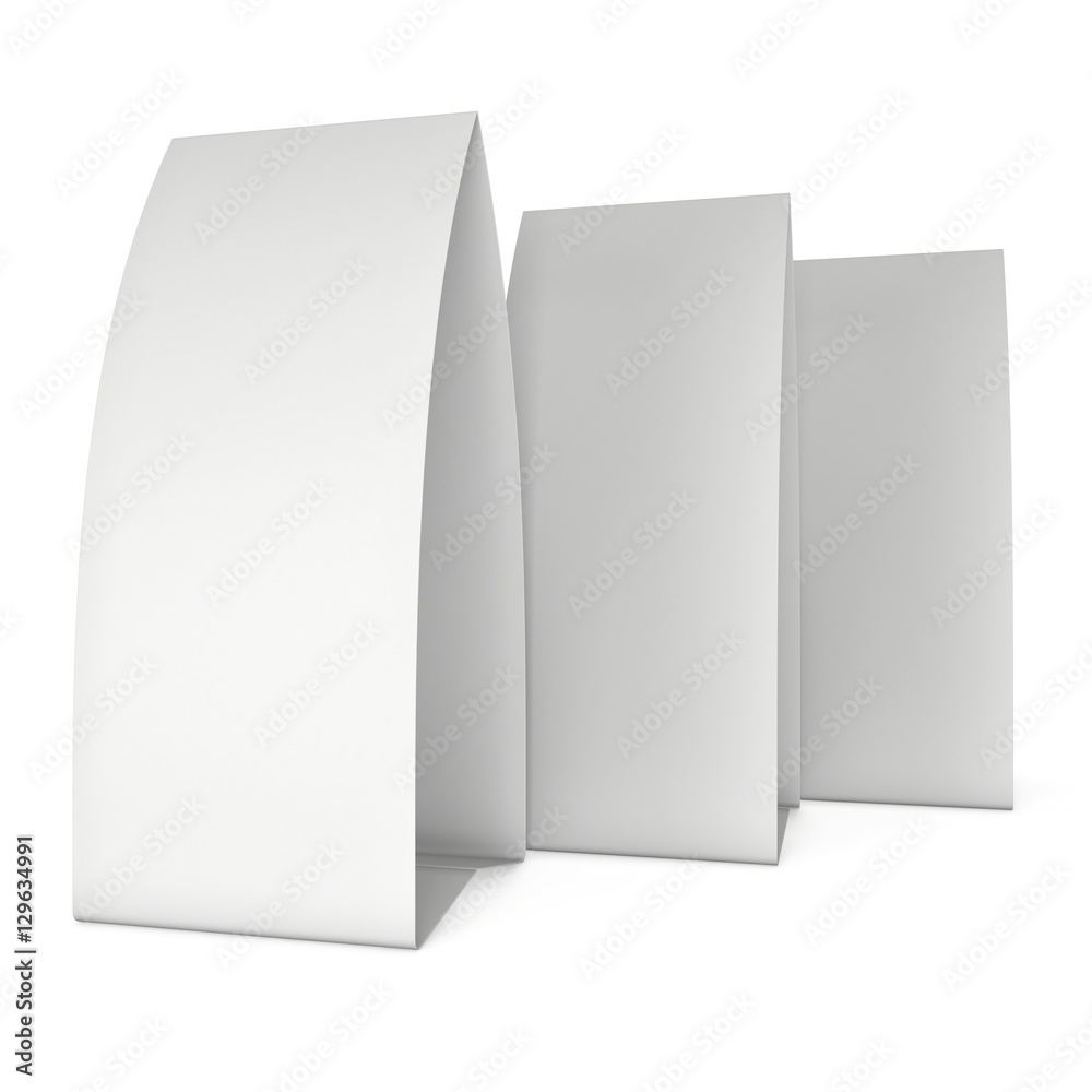 Two blank paper tent cards. 3d render illustration isolated. Table cards mock up on white background. Two blank paper tent cards. 3d render illustration isolated. Table cards mock up on white background.
