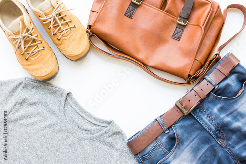 Men's casual outfits with man clothing, travel preparations and accessories on white background