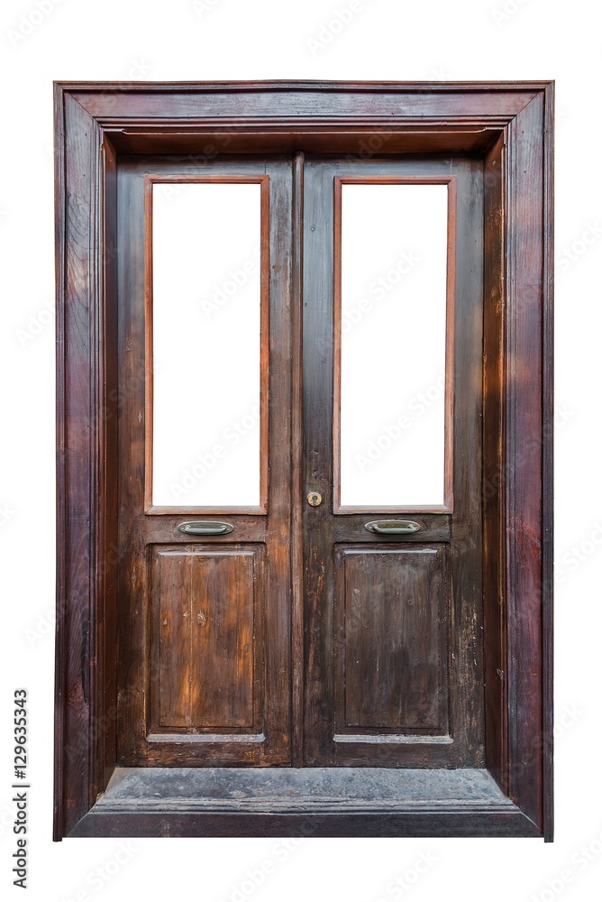 An old wooden double glazed door isolated on white background