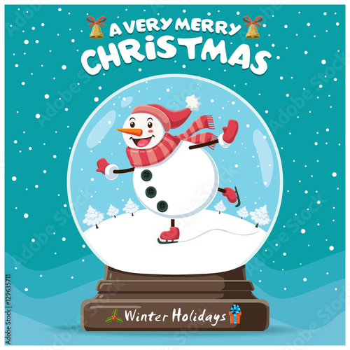 Vintage Christmas poster design with snowman in crystal ball characters.