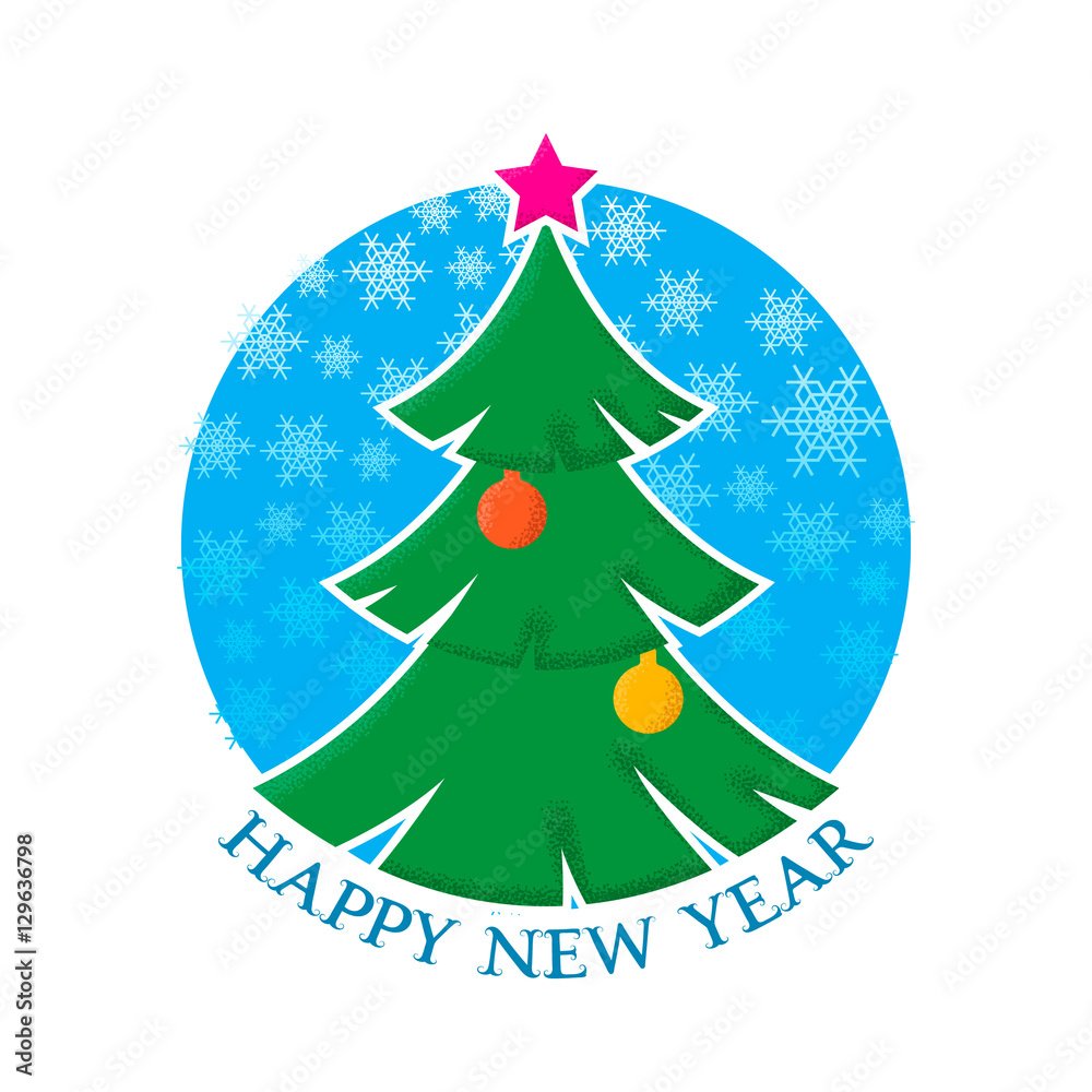 Happy New Year sticker with the image of a Christmas tree and snowflakes. Happy New Year sticker with the image of a Christmas tree and snowflakes.