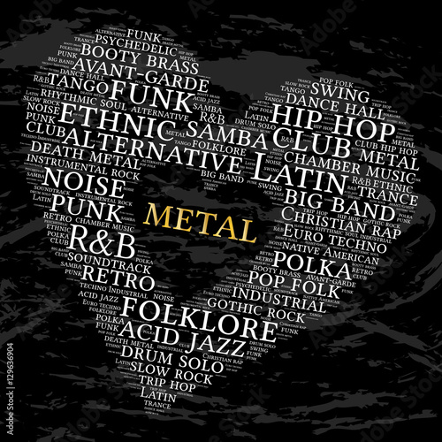 Metal. Word cloud, heart, grunge background. Musical styles.