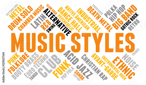 Music styles. Word cloud, type font, white background. Musical concept.