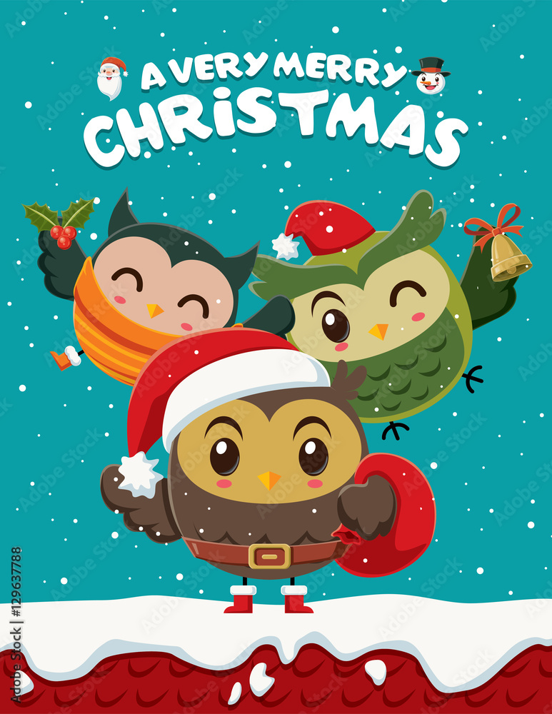 Fototapeta premium Vintage Christmas poster design with owls characters.