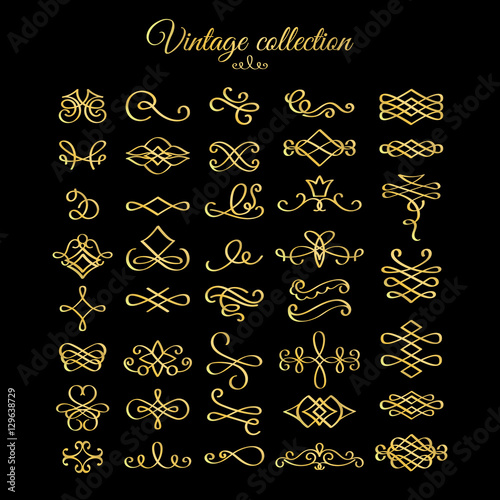 Vector golden calligraphic flourishes design elements for postcard, menu and wedding invitation