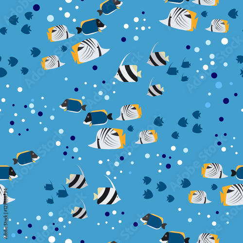 Fish and bubbles seamless pattern on blue. Vector illustration