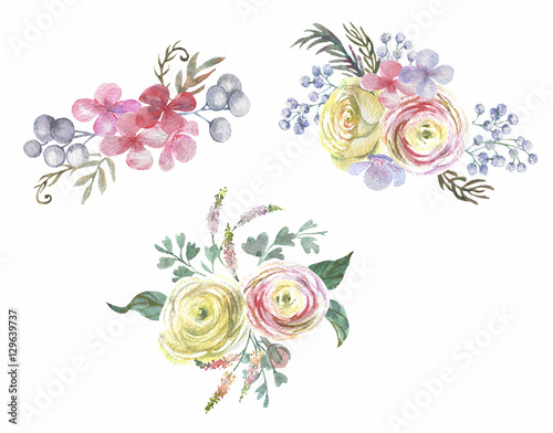 Fototapeta Naklejka Na Ścianę i Meble -  Hand-drawn watercolor tender and romantic bouquets. Floral compositions with ranunculus and hydrangea flowers, different branches and leaves. For card or wedding invitation design template