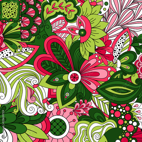 Wallpaper design with green cartoon stylized flowers. Vector illustration