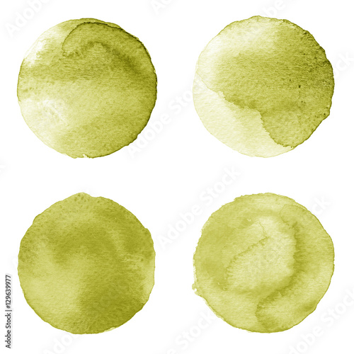 Set of brown, coffee color watercolor hand painted circle isolated on white. Illustration for artistic design. Round stains, blobs photo