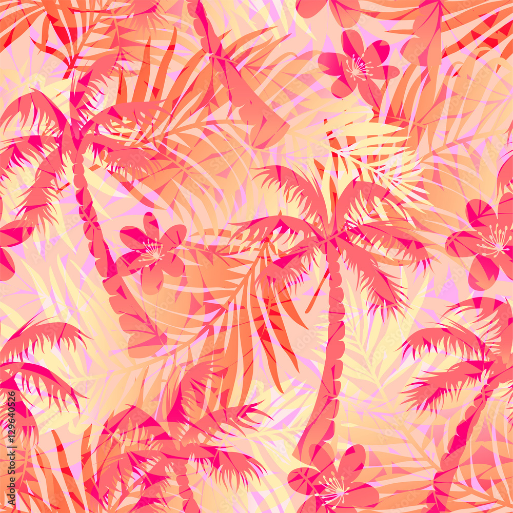 Fototapeta premium Red abstract tropical palms seamless pattern