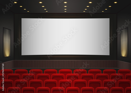 Interior of a cinema movie theatre. Red cinema or theater seats in front of white blank screen. Empty Cinema auditorium background vector illustration.
