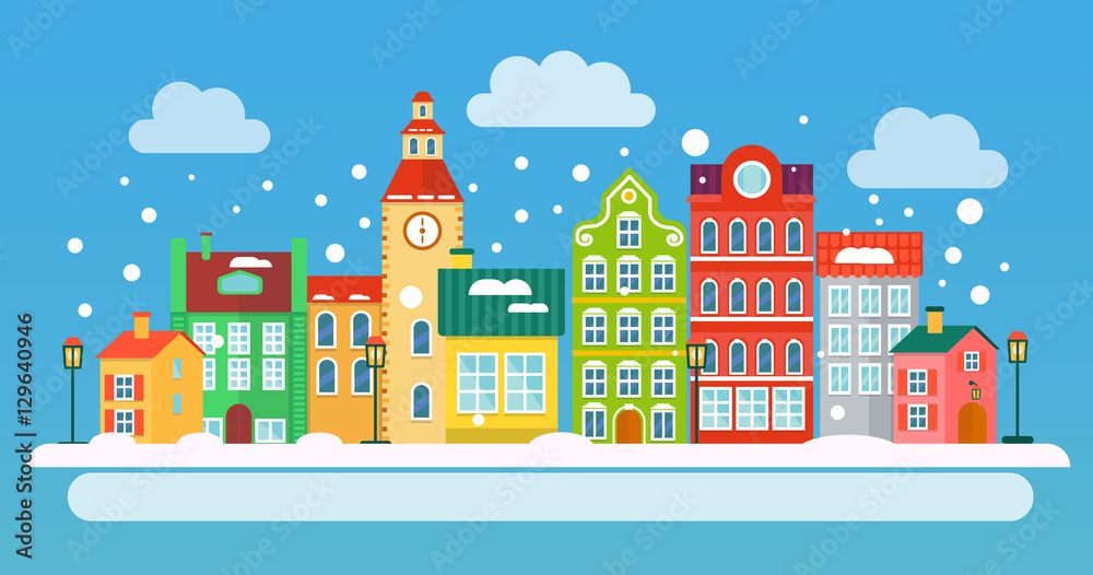 Winter urban landscape in flat style. Vector illustration. Small Town concept.