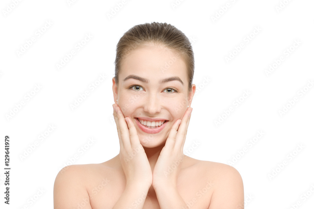 happy girl with clean skin smiling isolated on white background happy girl with clean skin smiling isolated on white background