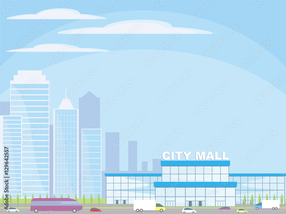 Abstract image of a modern city. Cityscape with tall buildings, skyscrapers and shopping center. Vector background for design presentations, web sites and banners. Abstract image of a modern city. Cityscape with tall buildings, skyscrapers and shopping center. Vector background for design presentations, web sites and banners.