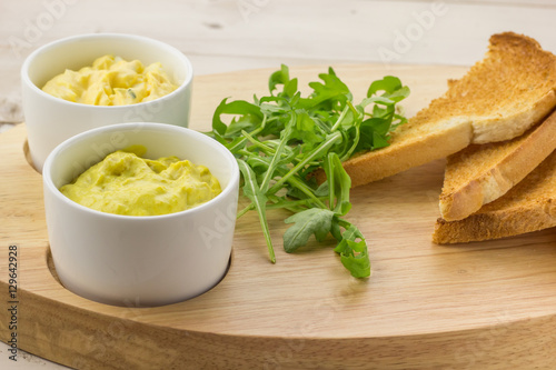 Dutch curried chicken salad, egg and chive salad and toast