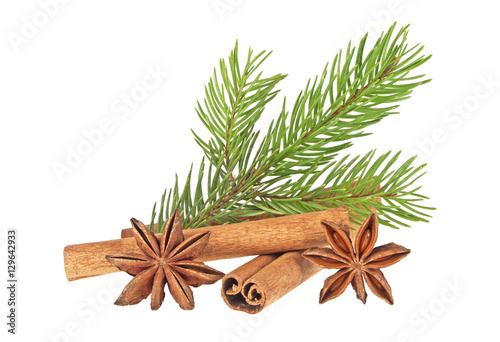 Fir tree branch, anise and cinnamon sticks isolated on white bac